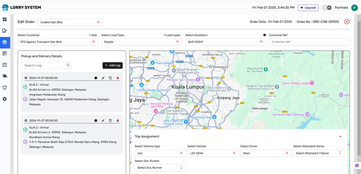 Lorry System TMS order dashboard